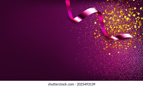 Confetti Glossy Decoration Banner Copyspace Vector. Festival Confetti Ribbon Ornament For Celebrate Happy Birthday, Christmas Or New Year. Festive Party Template Realistic 3d Illustration