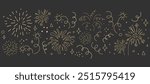 Confetti goden border doodle line drawing. Sketch burst with ribbon dots, firework explosion, firecracker. Celebration simple decor, party seamless holiday on dark background.