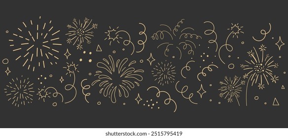 Confetti goden border doodle line drawing. Sketch burst with ribbon dots, firework explosion, firecracker. Celebration simple decor, party seamless holiday on dark background.