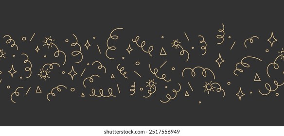 Confetti goden border doodle line drawing. Sketch burst with ribbon dots, firework explosion, firecracker. Celebration simple decor, party seamless holiday on dark background.