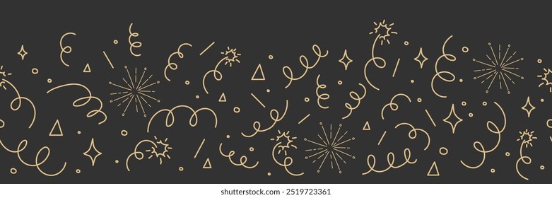 Confetti goden border doodle line drawing. Sketch burst with ribbon dots, firework explosion, firecracker. Celebration simple decor, party seamless holiday on dark background.