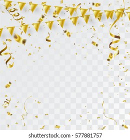 Confetti gold and flag ribbons, Celebration background template.