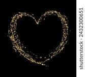 Confetti with gold glitter in the shape of a heart on a black background. Shiny particles and sand are scattered. Decorative element, golden heart. Luxury holiday background, vector
