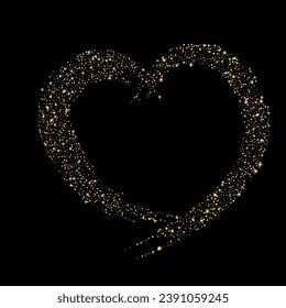 Confetti mit goldenem Glitter in Form eines Herzens auf schwarzem Hintergrund. Schlaue Partikel und Sand sind verstreut. Dekoratives Element, goldenes Herz. Luxusurlaub, Hintergrund, Vektorgrafik