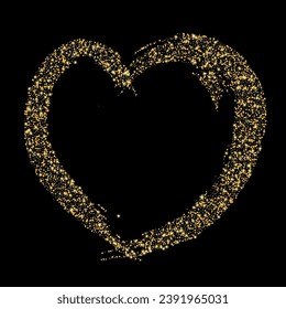 Confetti with gold glitter in the shape of a heart on a black background. Shiny particles and sand are scattered. Decorative element, golden heart. Luxury holiday background, vector