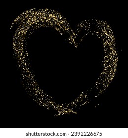Confetti with gold glitter in the shape of a heart on a black background. Shiny particles and sand are scattered. Decorative element, golden heart. Luxury holiday background, vector