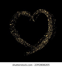 Confetti with gold glitter in the shape of a heart on a black background. Shiny particles and sand are scattered. Decorative element, golden heart. Luxury holiday background, vector