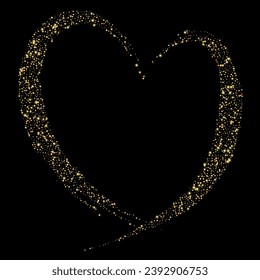 Confetti with gold glitter in the shape of a heart on a black background. Shiny particles and sand are scattered. Decorative element, golden heart. Luxury holiday background, vector