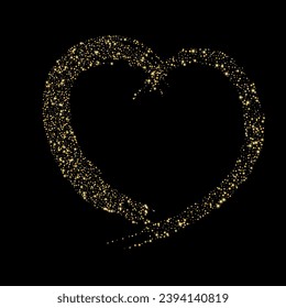 Confetti with gold glitter in the shape of a heart on a black background. Shiny particles and sand are scattered. Decorative element, golden heart. Luxury holiday background, vector