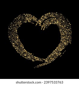Confetti with gold glitter in the shape of a heart on a black background. Shiny particles and sand are scattered. Decorative element, golden heart. Luxury holiday background, vector
