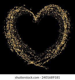 Confetti with gold glitter in the shape of a heart on a black background. Shiny particles and sand are scattered. Decorative element, golden heart. Luxury holiday background, vector