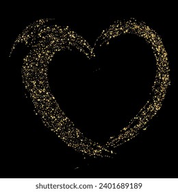 Confetti with gold glitter in the shape of a heart on a black background. Shiny particles and sand are scattered. Decorative element, golden heart. Luxury holiday background, vector