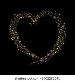 Confetti with gold glitter in the shape of a heart on a black background. Shiny particles and sand are scattered. Decorative element, golden heart. Luxury holiday background, vector