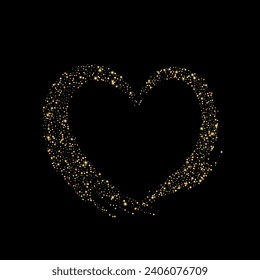 Confetti with gold glitter in the shape of a heart on a black background. Shiny particles and sand are scattered. Golden heart. Luxury holiday background for postcard, wallpaper, vector