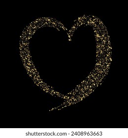 Confetti mit goldenem Glitter in Form eines Herzens auf schwarzem Hintergrund. Schlaue Partikel und Sand sind verstreut. Dekoratives Element, goldenes Herz. Luxusurlaub, Hintergrund, Vektorgrafik