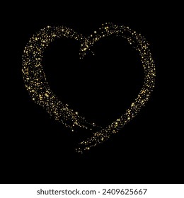 Confetti with gold glitter in the shape of a heart on a black background. Shiny particles and sand are scattered. Decorative element, golden heart. Luxury holiday background, vector