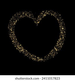 Confetti with gold glitter in the shape of a heart on a black background. Shiny particles and sand are scattered. Decorative element, golden heart. Luxury holiday background, vector