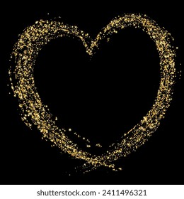 Confetti with gold glitter in the shape of a heart on a black background. Shiny particles and sand are scattered. Decorative element, golden heart. Luxury holiday background, vector