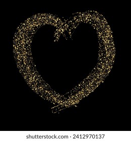 Confetti con brillo dorado en forma de corazón sobre fondo negro. Las partículas brillantes y la arena están dispersas. Elemento decorativo, corazón dorado. Fondo de vacaciones de lujo, vector