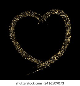 Confetti with gold glitter in the shape of a heart on a black background. Shiny particles and sand are scattered. Decorative element, golden heart. Luxury holiday background, vector