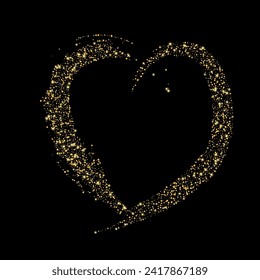 Confetti with gold glitter in the shape of a heart on a black background. Shiny particles and sand are scattered. Decorative element, golden heart. Luxury holiday background, vector