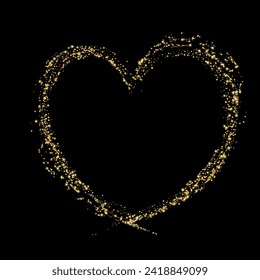 Confetti with gold glitter in the shape of a heart on a black background. Shiny particles and sand are scattered. Decorative element, golden heart. Luxury holiday background, vector