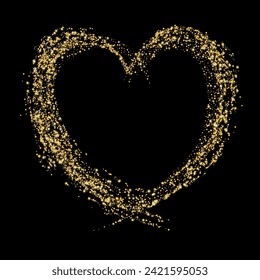 Confetti with gold glitter in the shape of a heart on a black background. Shiny particles and sand are scattered. Decorative element, golden heart. Luxury holiday background, vector