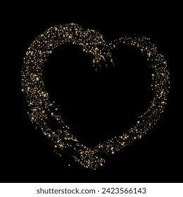 Confetti with gold glitter in the shape of a heart on a black background. Shiny particles and sand are scattered. Decorative element, golden heart. Luxury holiday background, vector