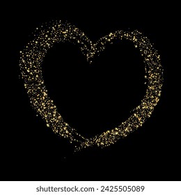 Confetti with gold glitter in the shape of a heart on a black background. Shiny particles and sand are scattered. Decorative element, golden heart. Luxury holiday background, vector