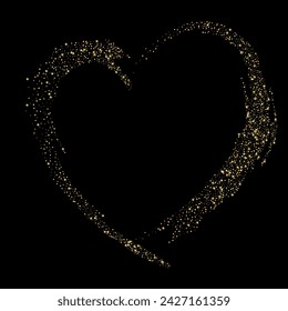 Confetti with gold glitter in the shape of a heart on a black background. Shiny particles and sand are scattered. Decorative element, golden heart. Luxury holiday background, vector