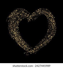 Confetti with gold glitter in the shape of a heart on a black background. Shiny particles and sand are scattered. Decorative element, golden heart. Luxury holiday background, vector