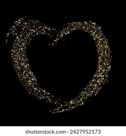 Confetti with gold glitter in the shape of a heart on a black background. Shiny particles and sand are scattered. Decorative element, golden heart. Luxury holiday background, vector