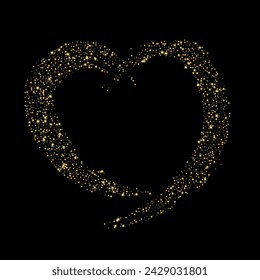 Confetti with gold glitter in the shape of a heart on a black background. Shiny particles and sand are scattered. Decorative element, golden heart. Luxury holiday background, vector
