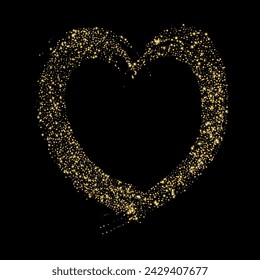 Confetti with gold glitter in the shape of a heart on a black background. Shiny particles and sand are scattered. Decorative element, golden heart. Luxury holiday background, vector