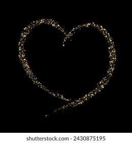 Confetti with gold glitter in the shape of a heart on a black background. Shiny particles and sand are scattered. Decorative element, golden heart. Luxury holiday background, vector