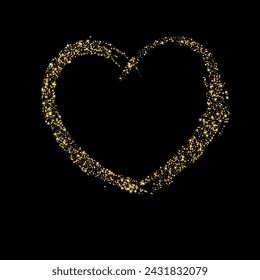 Confetti with gold glitter in the shape of a heart on a black background. Shiny particles and sand are scattered. Decorative element, golden heart. Luxury holiday background, vector