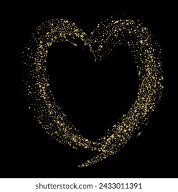 Confetti with gold glitter in the shape of a heart on a black background. Shiny particles and sand are scattered. Decorative element, golden heart. Luxury holiday background, vector