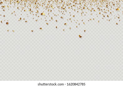 Confetti and gold ribbons holiday background. Flying tinsel elements, gold foil texture serpentine streamers confetti falling party. Luxury greeting rich card. Vector illustration