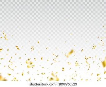 Confetti golden border. Shiny party background. Celebration holiday design elements for web, flyer. Glitter gold confetti falling on transparent backdrop. Bright festive tinsel. Vector illustration