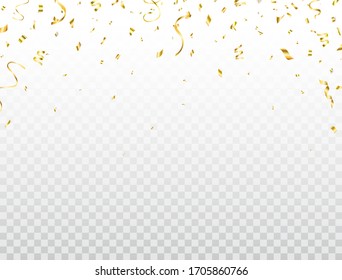 Confetti golden frame. Shiny party background. Glitter gold confetti falling on transparent background. Bright festive tinsel. Celebration holiday design elements for web, flyer. Vector illustration.