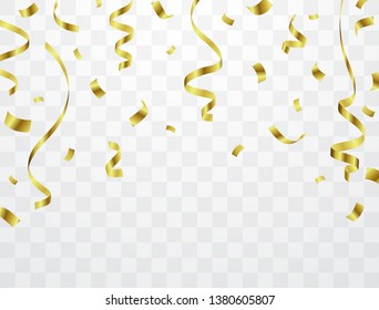 Confetti and golden ribbons fall down, can be isolated on a transparent background.