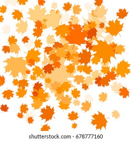 Confetti of golden shades falling maple leafs. Exotic print. For advertising booklets about the sale, covers, posters, invitation card, textile, books, leaflets design. Summer and autumn theme.