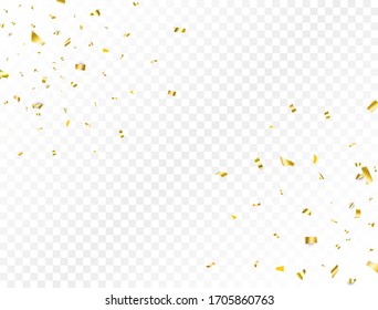 Confetti golden splash. Glitter gold confetti falling on transparent background. Shiny party frame. Bright festive tinsel. Celebration holiday design elements for web, flyer. Vector illustration.