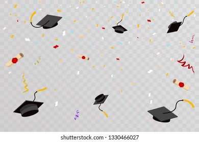 Confetti graduation hats fly in sky poster graduation caps scrolls transparent background design flat vector illustration