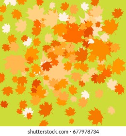 Confetti of green shades falling maple leafs. Exotic print. For advertising booklets about the sale, covers, posters, invitation card, textile, books, leaflets design. Summer and autumn theme.