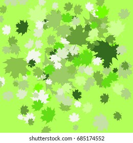 Confetti of green shades falling maple leafs. Exotic print. For advertising booklets about the sale, covers, posters, invitation card, textile, books, leaflets design. Summer and autumn theme.