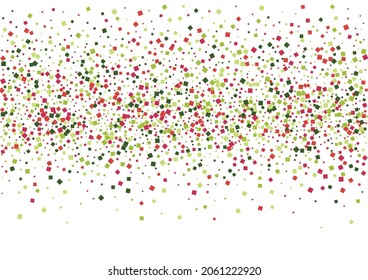Confetti Green Splash Texture. Decor Rhombus Wallpaper. Red Fun Square Background. Geometric Border Frame.