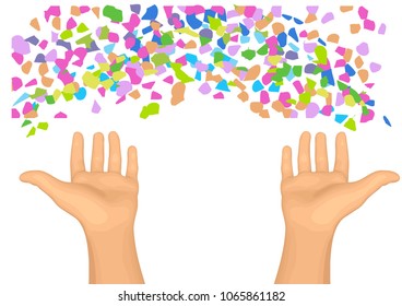 confetti and hands isolated on a white background