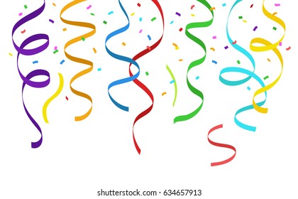Confetti and hanging party streamers vector pattern isolated on white background