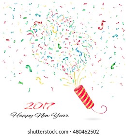 Confetti. Happy New Year. 2017. Exploding party popper vector. Happy New Year composition illustration vector. Confetti party vector. Party popper explosion. 